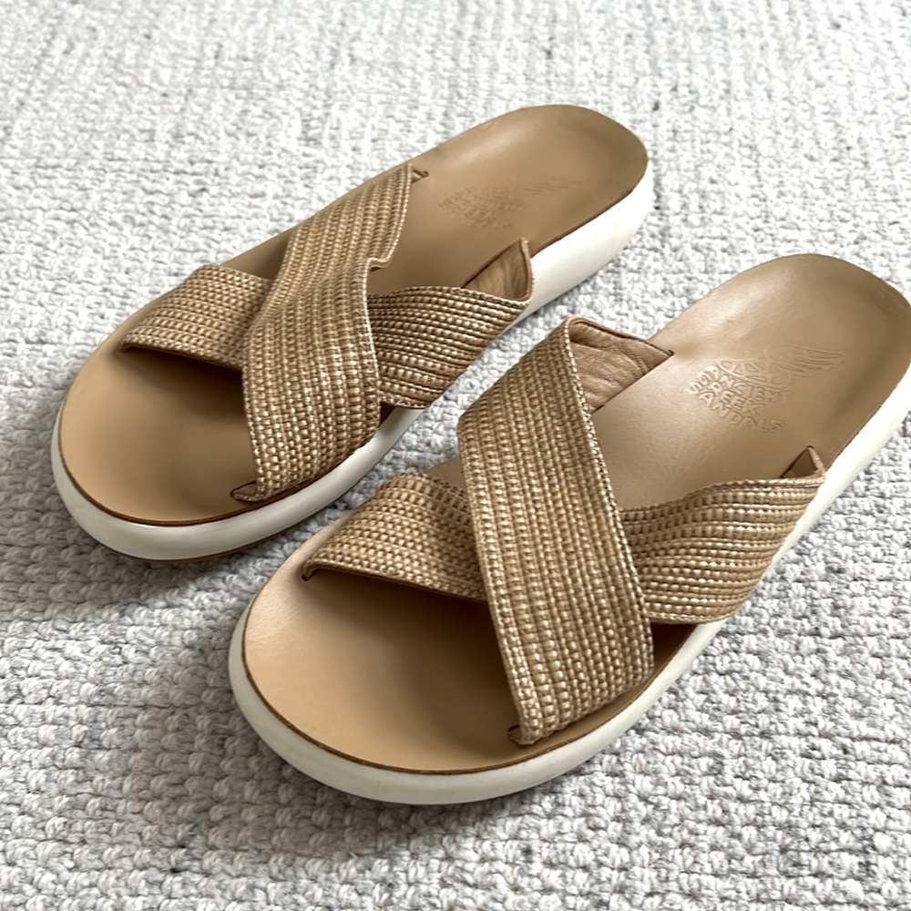 Ancient Greek Thais Raffia Wedge Slide Sandals - size 39, like new